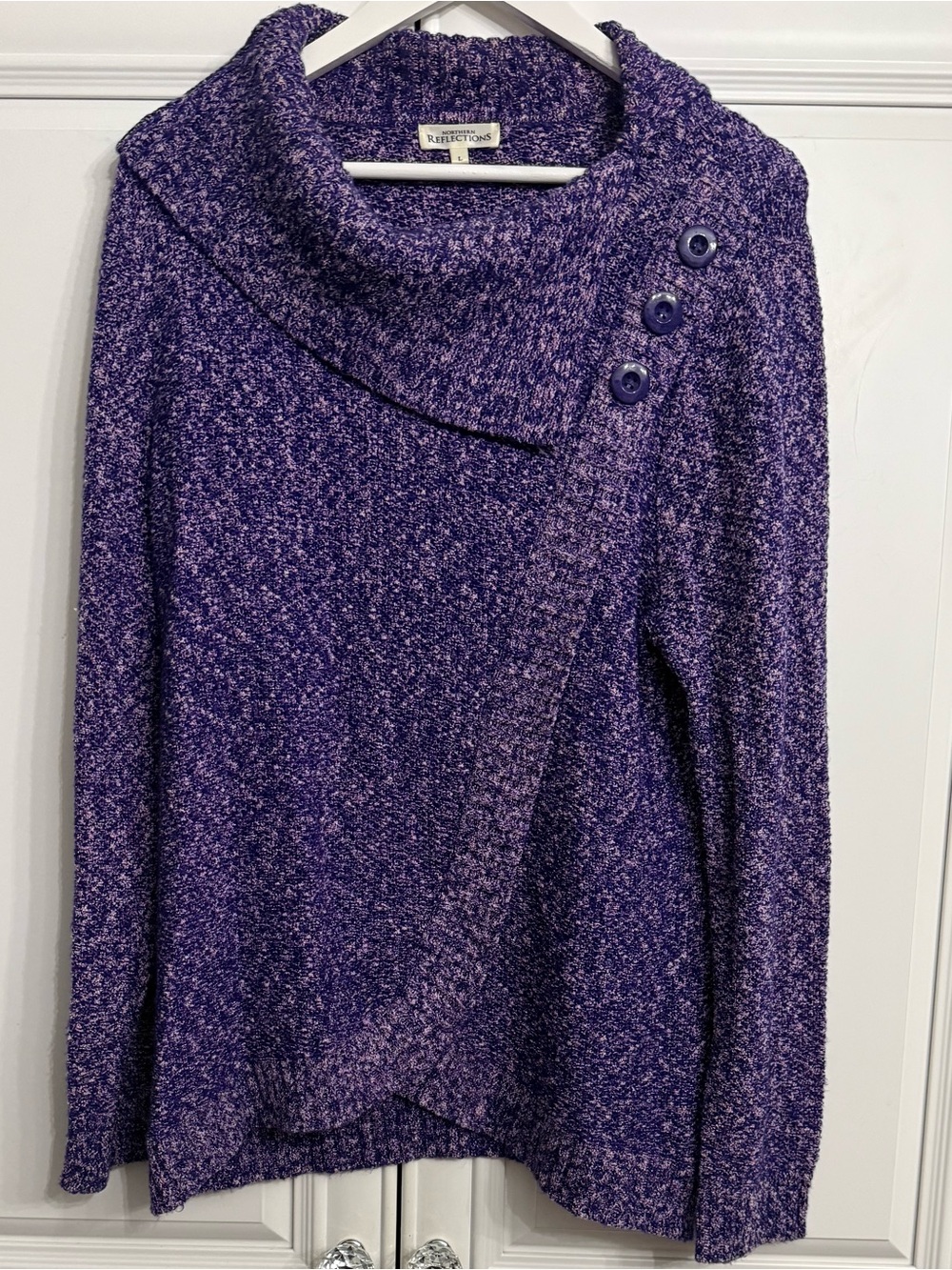 Northern Reflections Purple Marled Asymmetric Button-Trim Cowl Neck Sweater Sz L